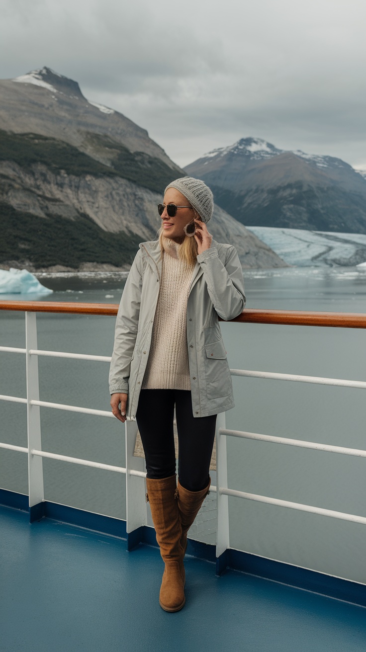 A woman in a stylish layered outfit on a cruise ship, showcasing the perfect Alaska cruise outfit for July.