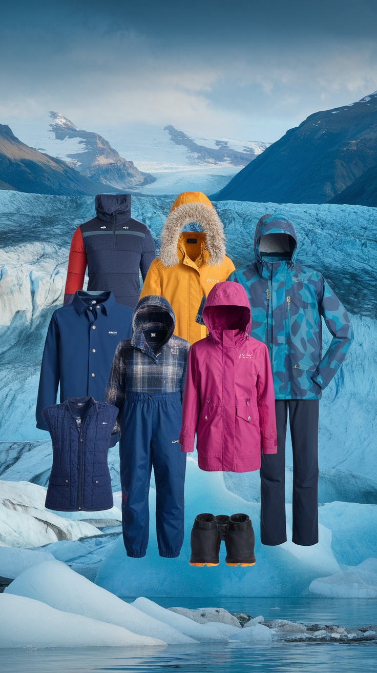 Image showcasing various kids' outfits suitable for an Alaska cruise, featuring colorful jackets, pants, and accessories against a glacier backdrop.