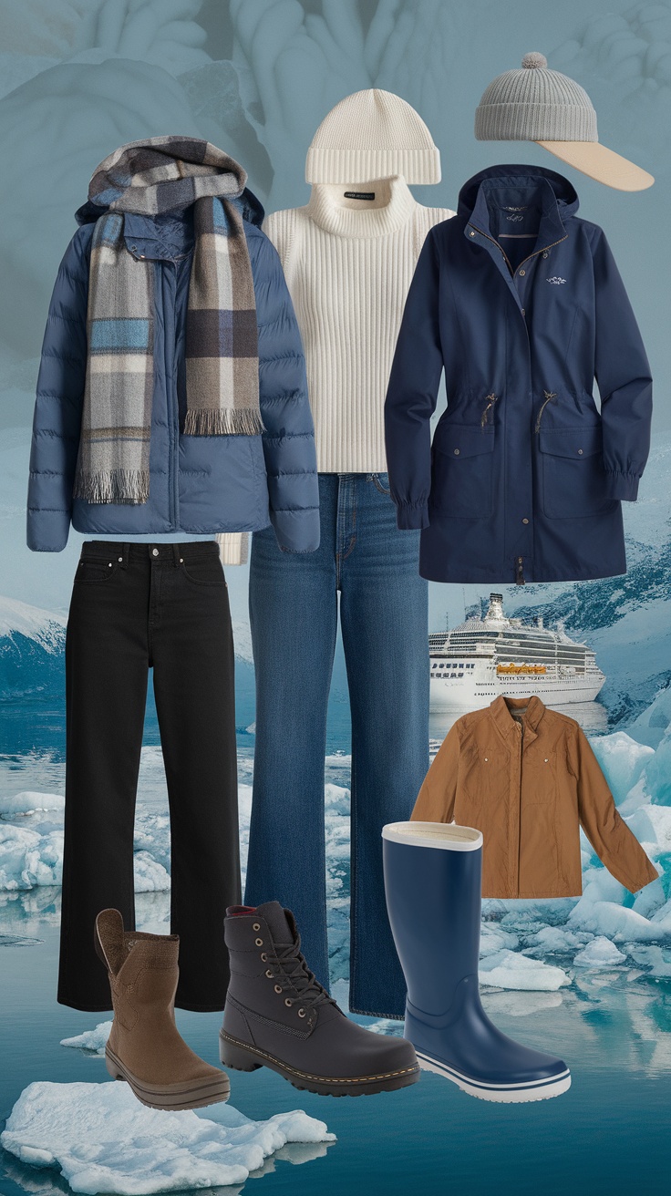 A collection of stylish and warm outfits for an Alaska cruise in October, featuring jackets, sweaters, jeans, and a variety of boots.