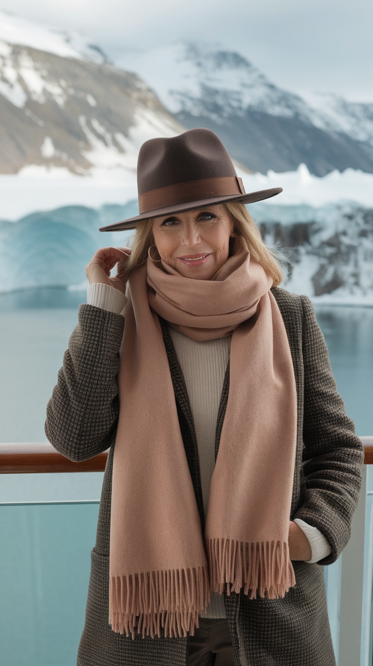 A woman over 50 wearing a warm outfit with a coat and scarf, against a stunning Alaskan landscape.