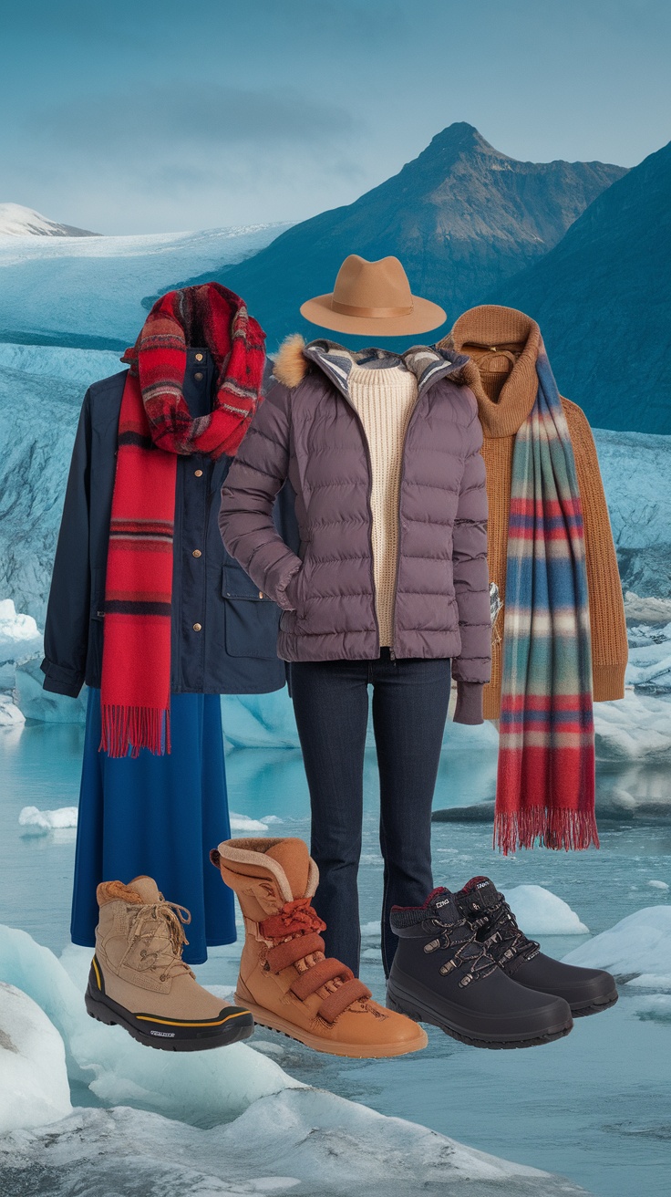 Stylish Alaska cruise outfits for September with warm jackets, cozy sweaters, boots, and accessories against a glacier backdrop.