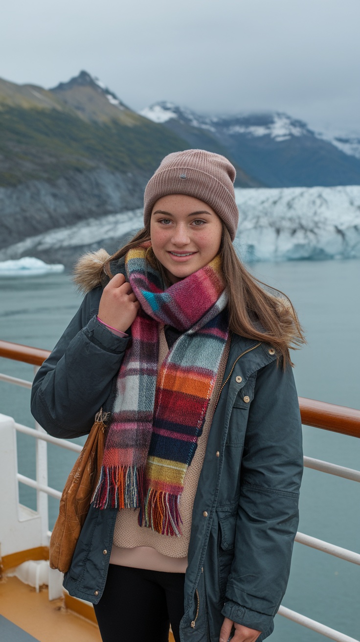 A teen wearing a beanie and a colorful scarf, standing on a cruise ship with a glacier in the background.