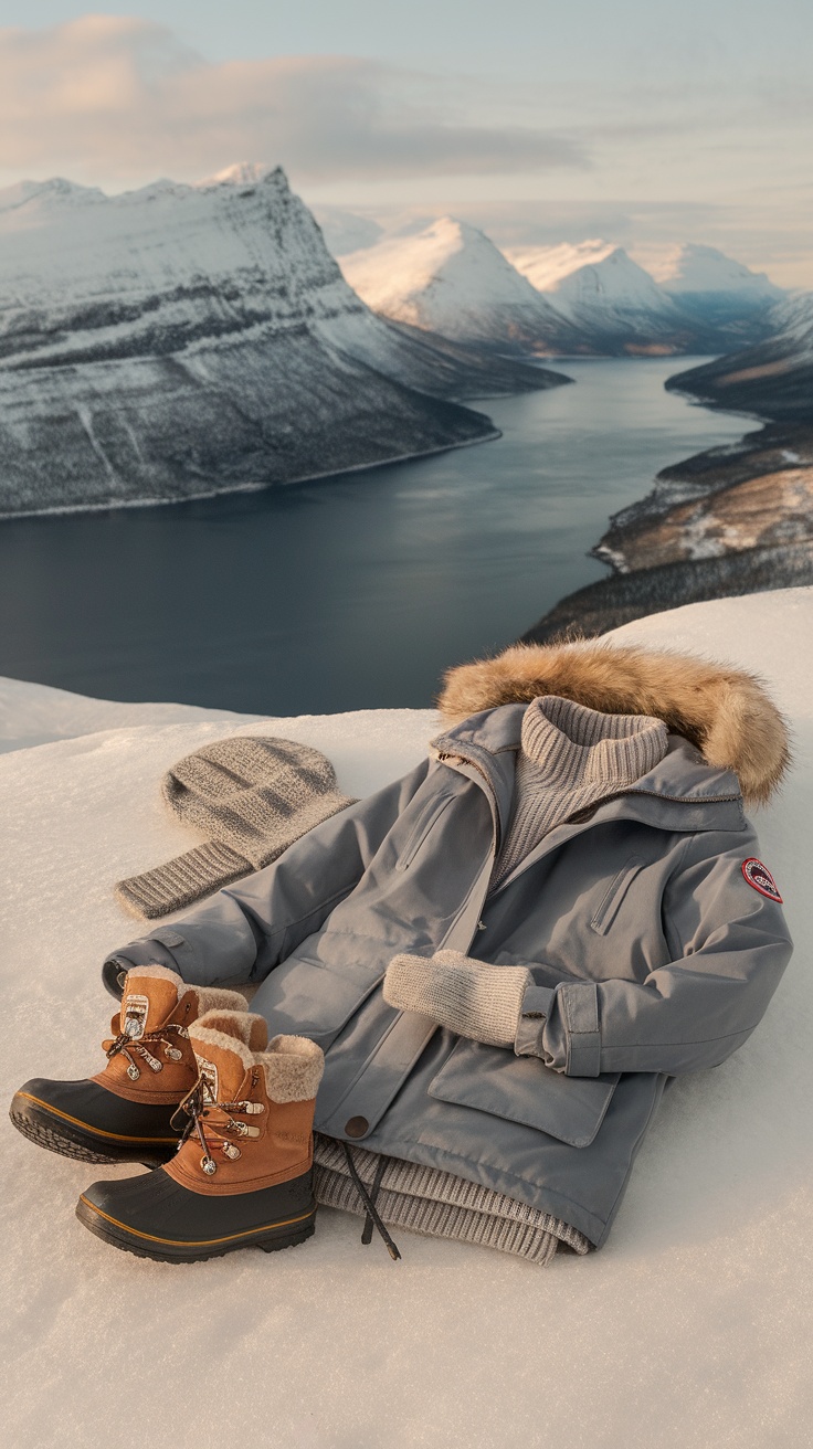 Winter outfit for an Alaska cruise, featuring a gray jacket, knit sweater, hat, and waterproof boots laid out in a snowy setting.