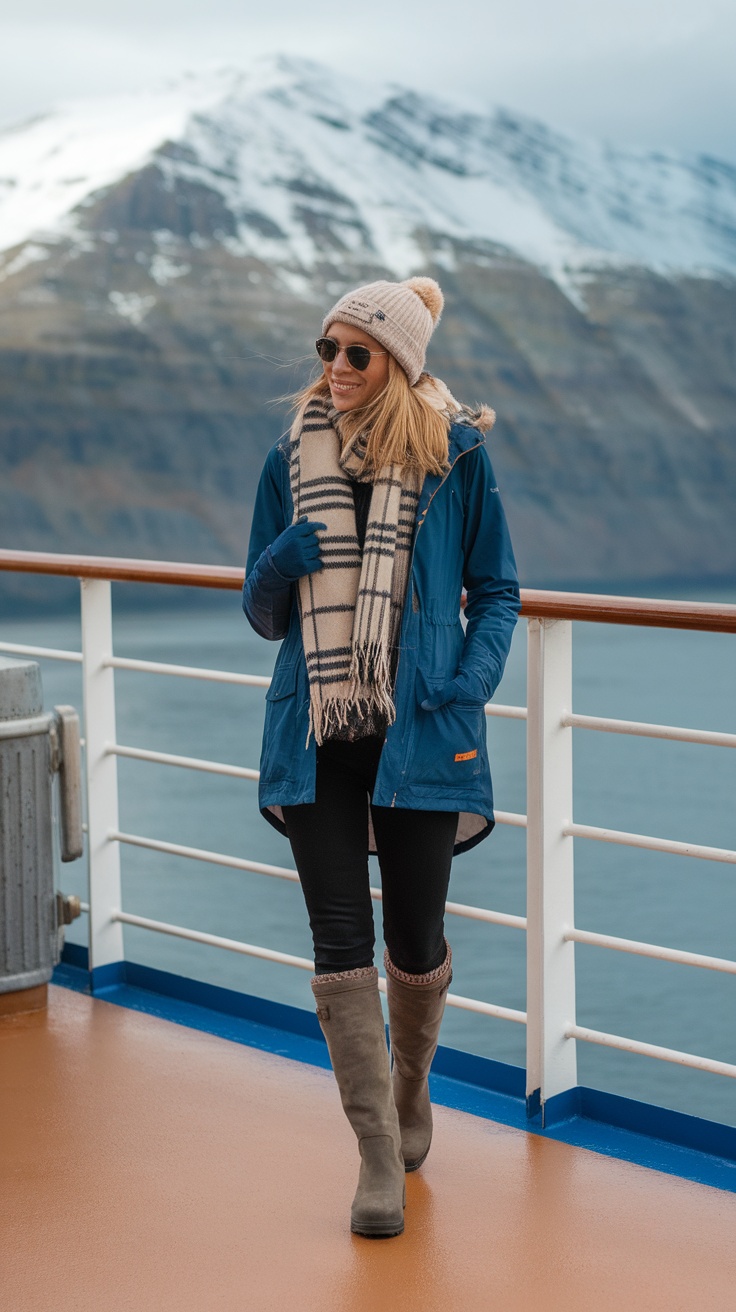 A woman wearing a warm jacket, scarf, and hat on a cruise ship deck with mountains in the background.