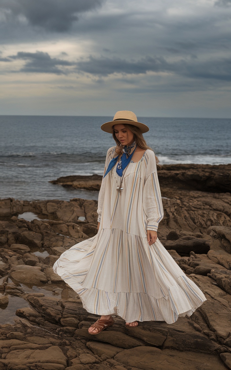 A woman wearing a flowy striped dress and a wide-brimmed hat stands by the ocean, showcasing a bohemian chic look.