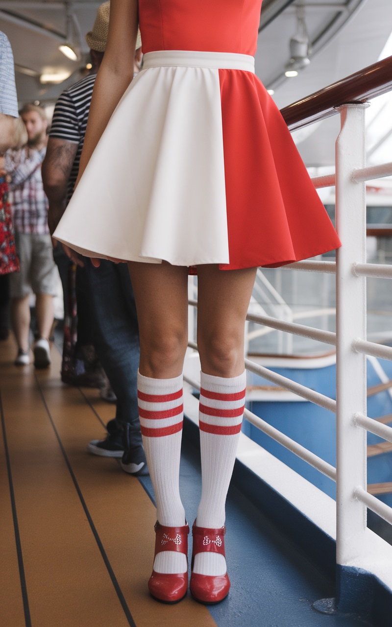 A person wearing a bold red and white color-blocked dress with knee-high socks and red shoes on a cruise.