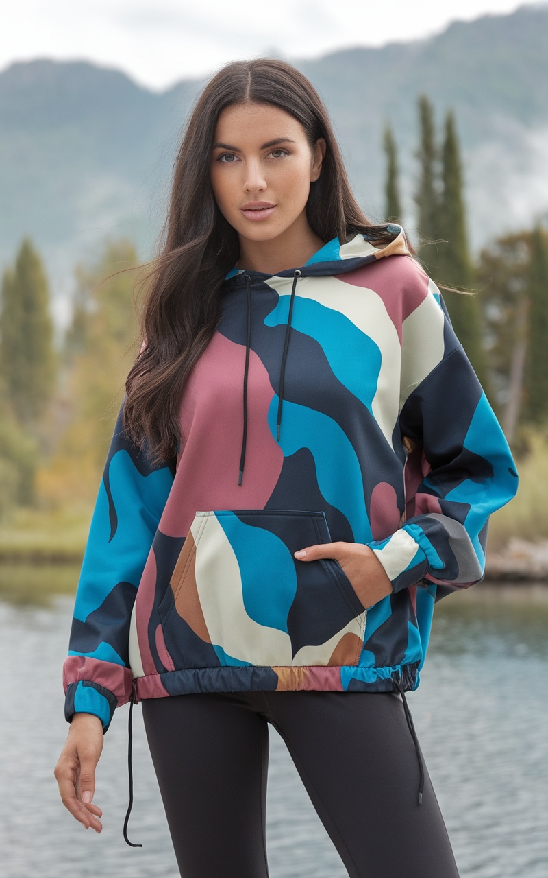 A model wearing a colorful oversized hoodie and black leggings, set against a scenic backdrop of trees and mountains.