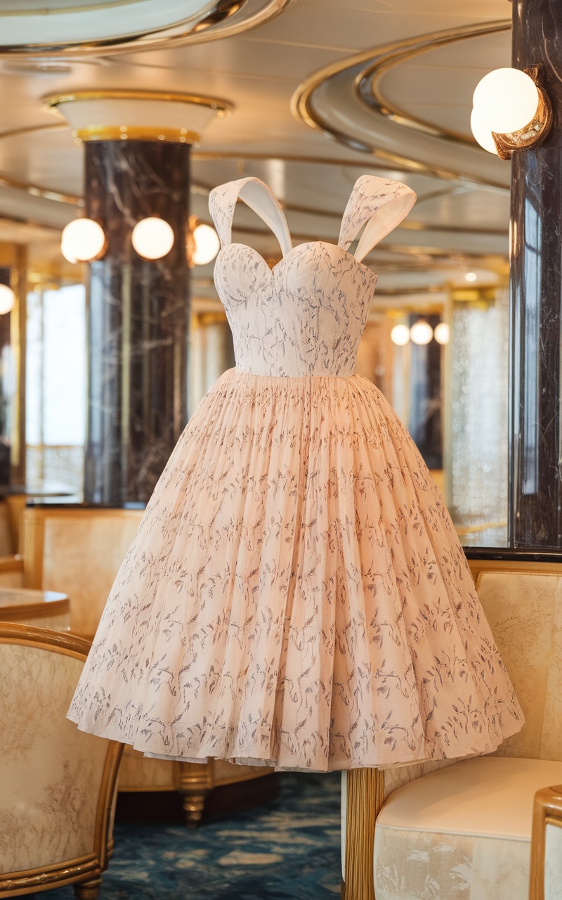 A charming tea-length dress with a fitted bodice and floral pattern, displayed in an elegant setting.