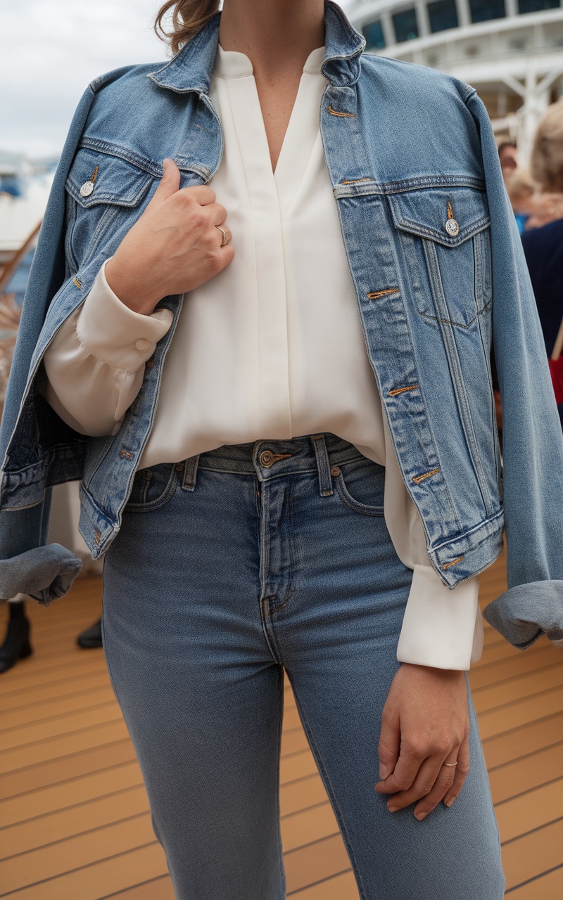 A woman wearing a light denim jacket over a white blouse, showcasing a classic denim and white outfit.