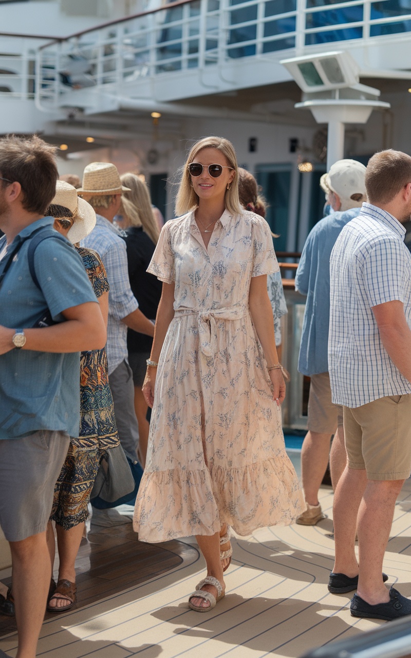 A woman in a flowy pastel dress and sandals walking on a cruise ship deck among a crowd of people.