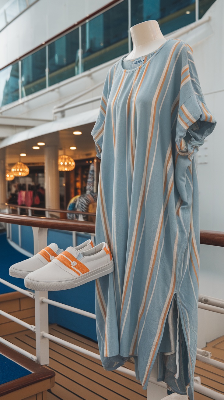 Light blue striped casual dress with white slip-on shoes featuring orange stripes, displayed on a mannequin.