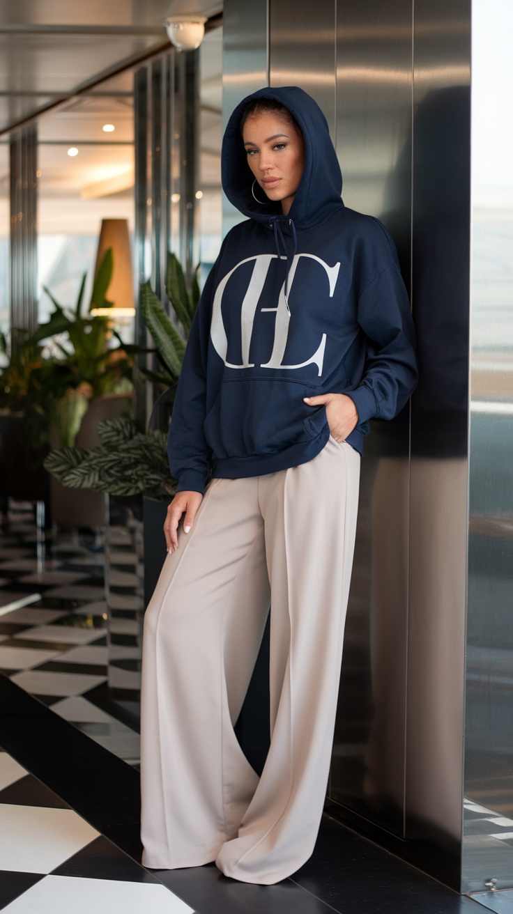 A woman wearing a navy hoodie with a large logo and wide-leg trousers, standing in a stylish indoor space.