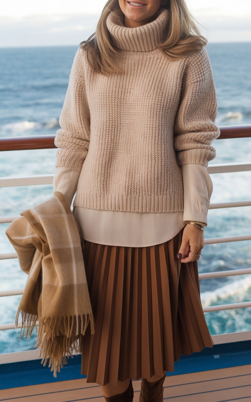 A woman in a cozy knit sweater and pleated skirt on a cruise ship