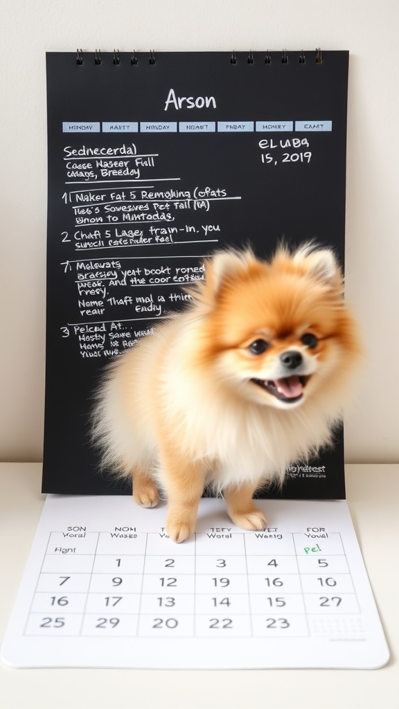 A fluffy Pomeranian dog sitting next to a calendar.