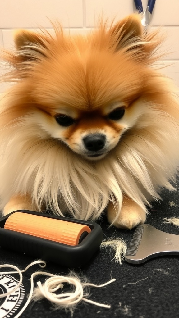 A fluffy Pomeranian being groomed with a brush and fur roller