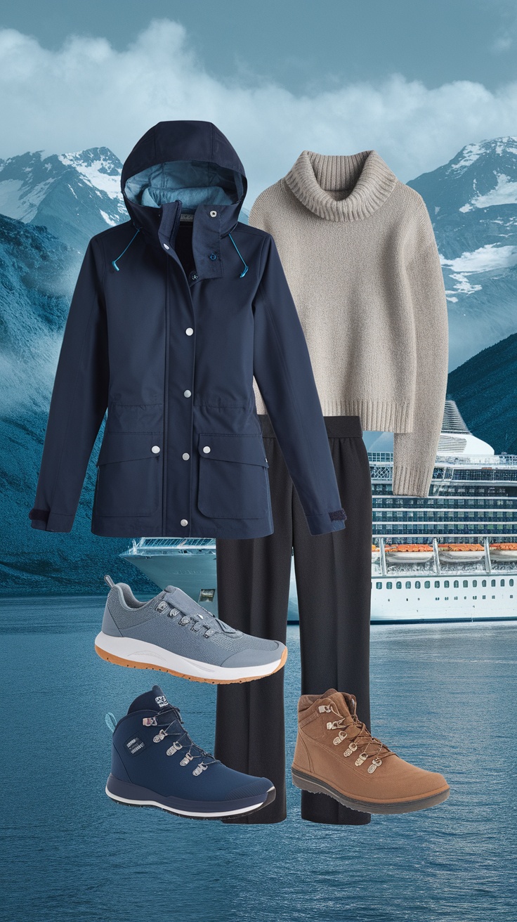 A stylish outfit for a Disney Alaska cruise featuring a navy waterproof jacket, a warm sweater, black pants, and versatile footwear.