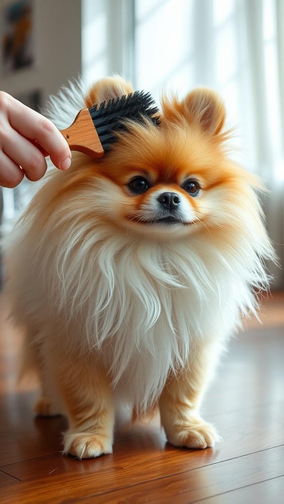 A person brushing a fluffy Pomeranian with a wooden brush in a bright room