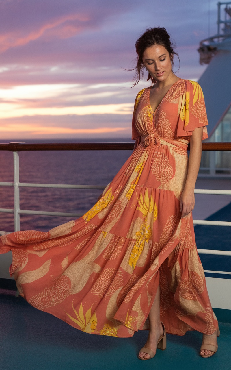 A woman in a floral maxi dress stands on a cruise ship deck during sunset, exuding elegance and style.