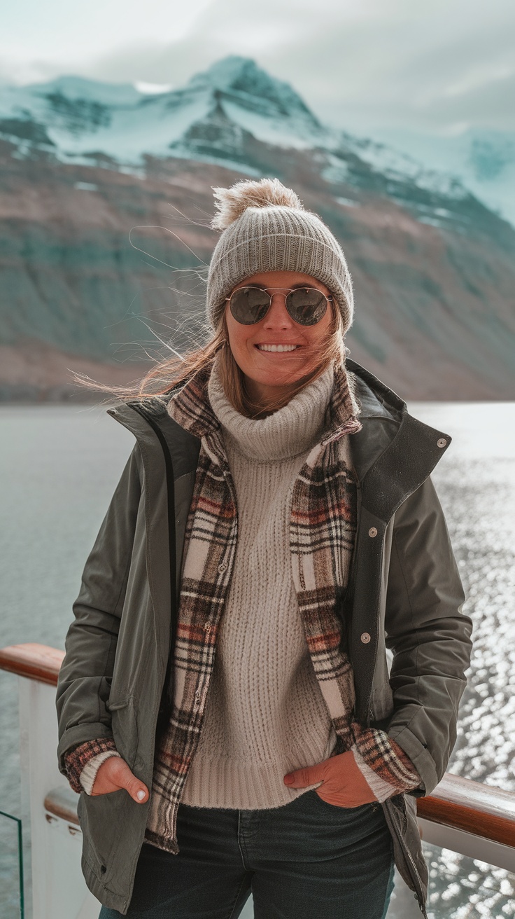 A woman smiling on a cruise in Alaska, wearing a cozy turtleneck sweater, plaid jacket, and knitted beanie against a backdrop of mountains.