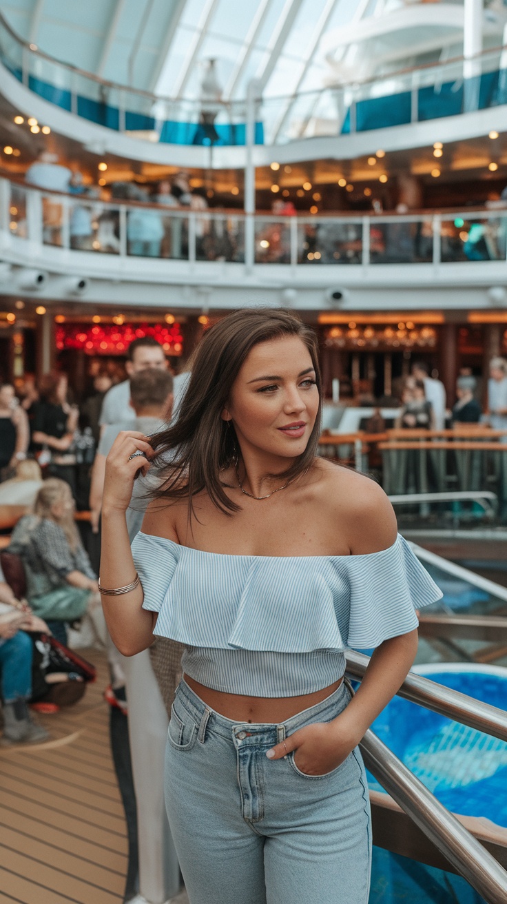 A woman wearing a flirty off-shoulder top with blue stripes and high-waisted jeans, posing on a cruise ship deck.