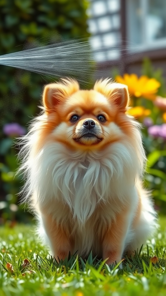 A fluffy Pomeranian being sprayed with water in a garden