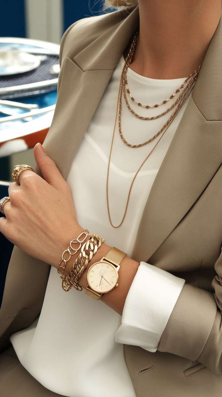 Close-up of layered gold necklaces and bracelets worn by a woman in a stylish outfit.