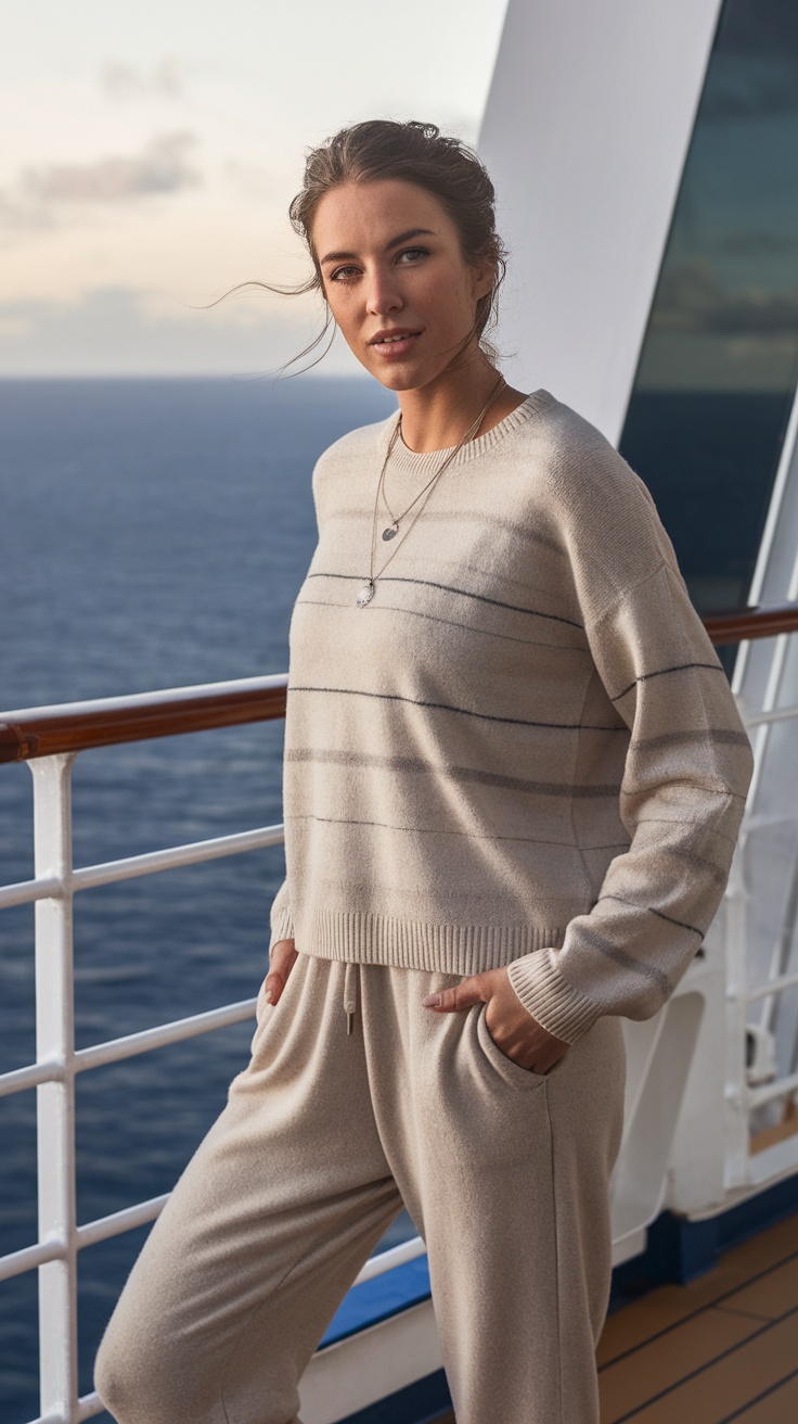 A woman wearing a lightweight sweater with joggers on a cruise ship deck, with the ocean in the background.