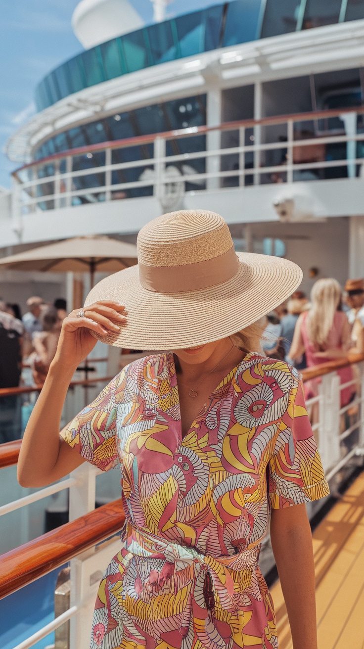 Woman wearing a colorful printed dress and a wide-brimmed sun hat on a cruise.