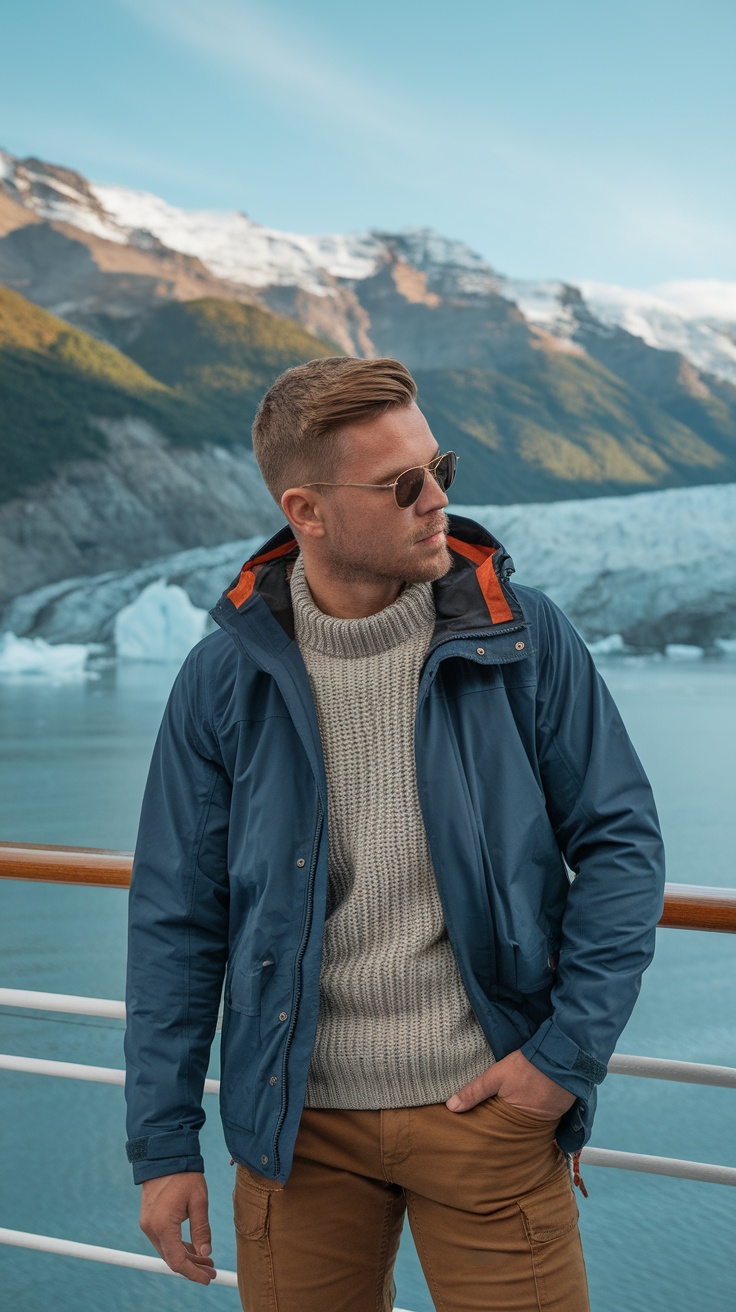 A man wearing a blue jacket, knit sweater, and brown pants on an Alaska cruise