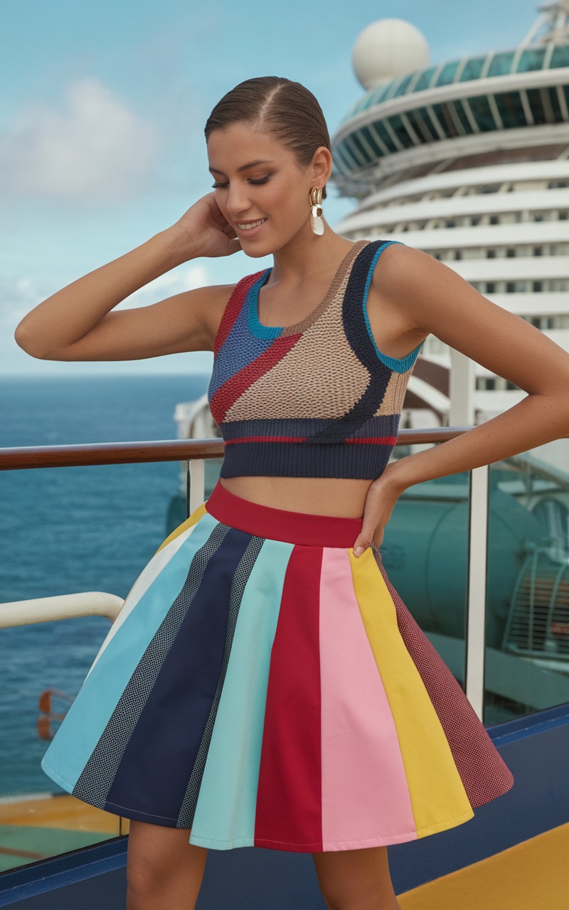 A woman wearing a colorful skirt and a crop top, posing on a cruise ship deck.