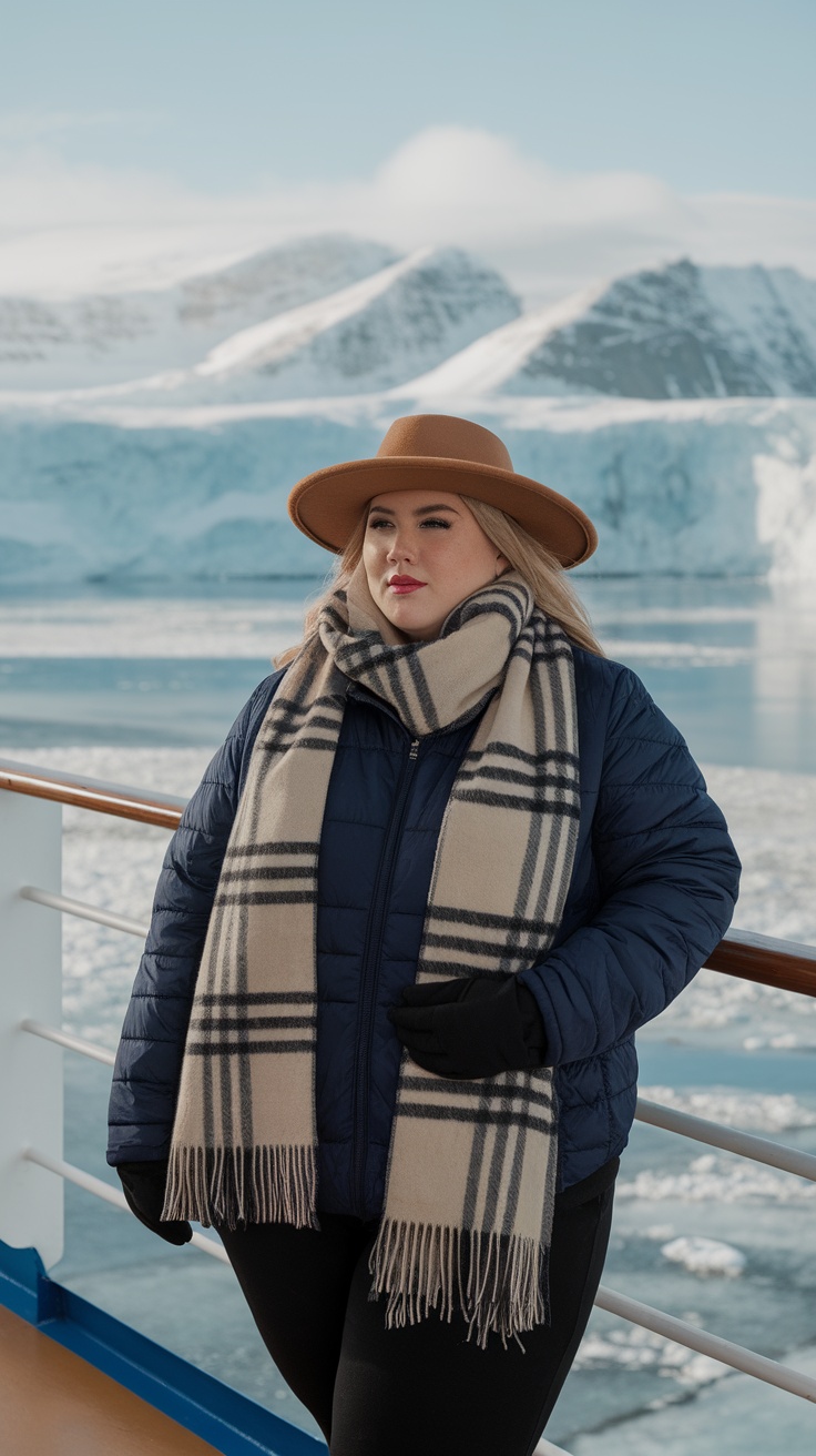 A woman wearing a navy puffer jacket, plaid scarf, and tan hat on an Alaskan cruise