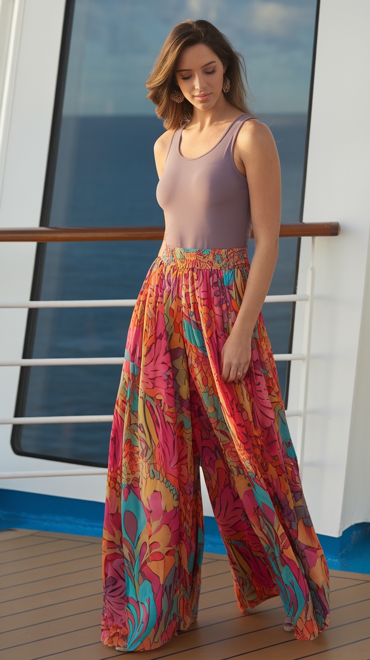 A woman wearing printed palazzo pants and a tank top on a cruise ship deck.