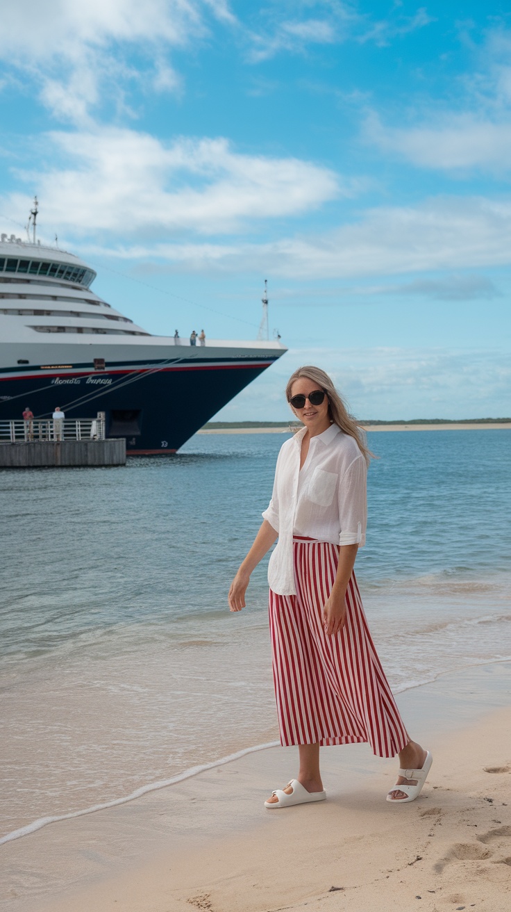 A woman walking on the beach in a white shirt and red striped pants, with a cruise ship in the background.