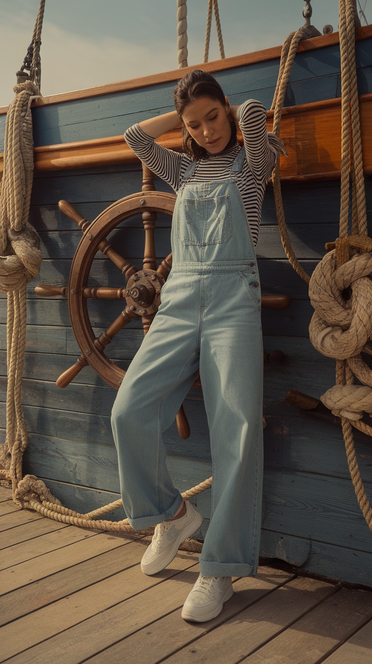 A woman wearing relaxed fit overalls and a striped top, standing against a wooden ship's wheel.