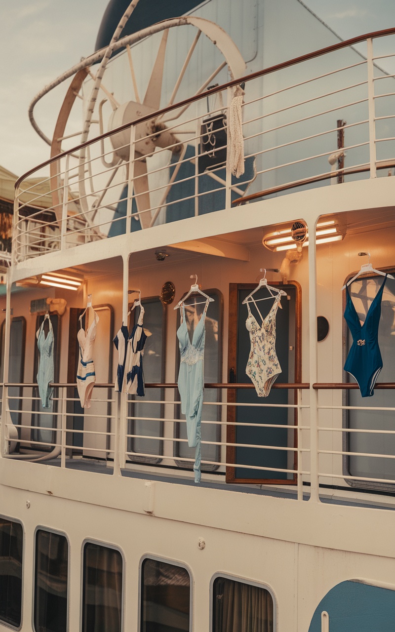 Display of retro inspired swimwear on a ship's railing