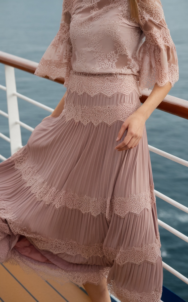 Woman in a romantic lace outfit on a cruise ship