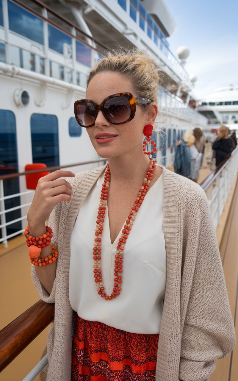 A woman wearing oversized sunglasses and vibrant coral jewelry on a cruise ship.