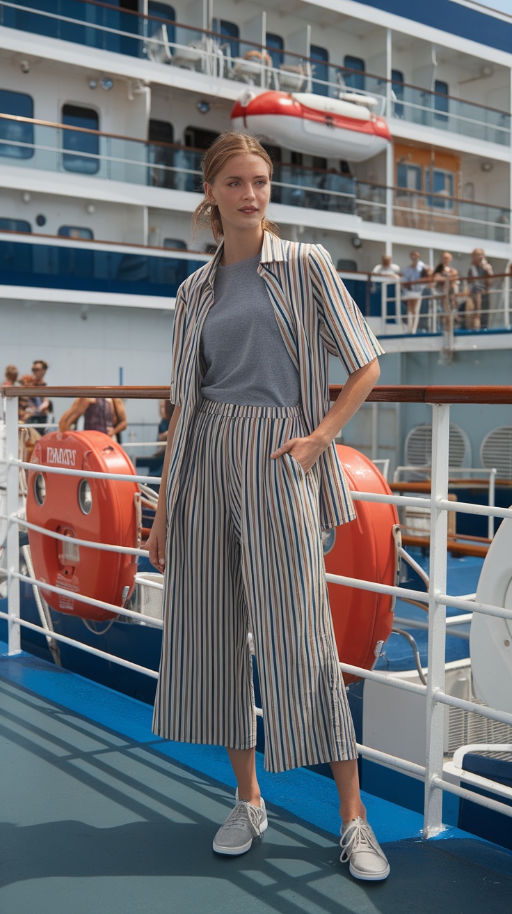 A woman wearing striped culottes and a gray tee on a cruise ship.