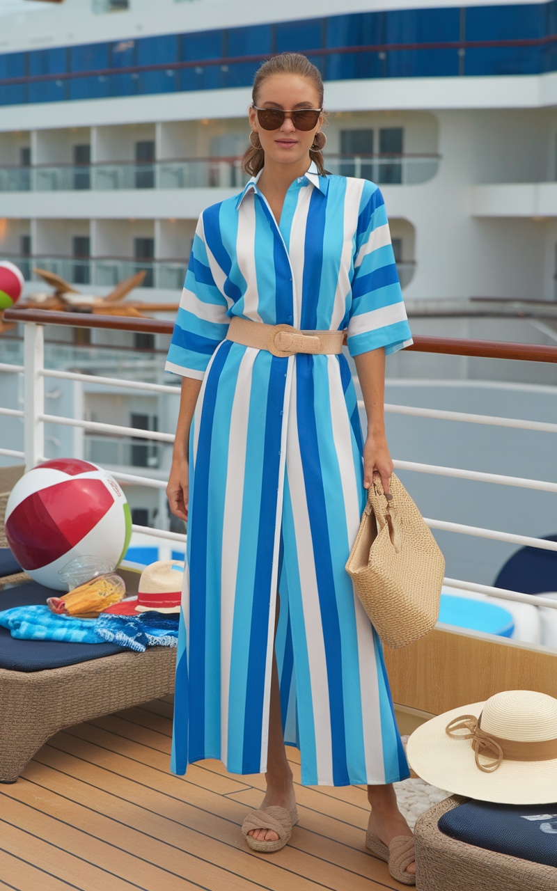 A model in a blue and white striped cover-up standing on a cruise ship deck.