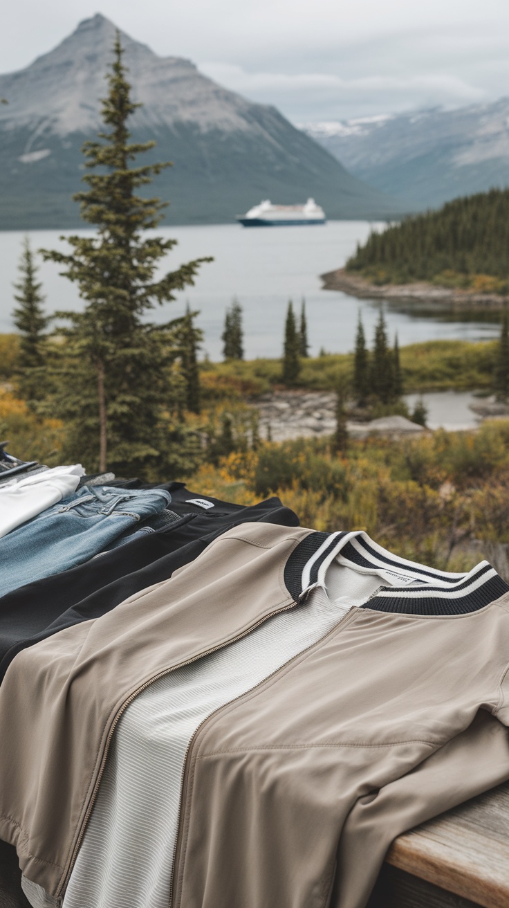 Summer Alaska cruise outfits laid out with a scenic mountain backdrop