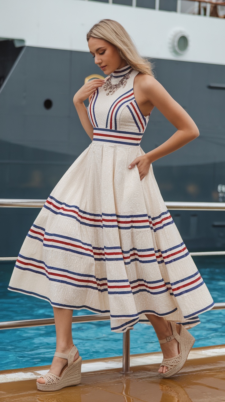 A woman wearing a stylish sundress with wedge sandals, posing on a cruise ship.