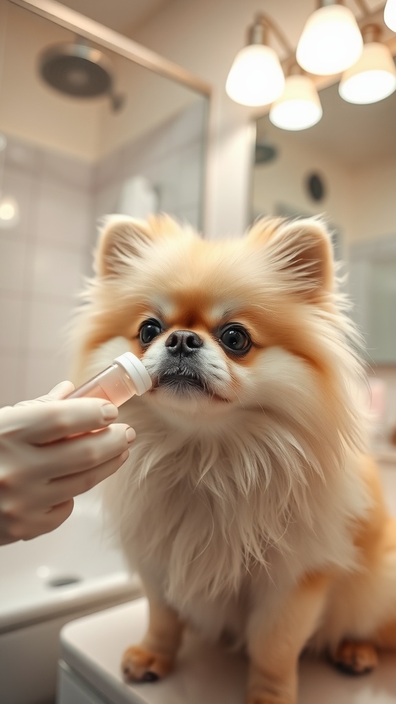 A fluffy Pomeranian receiving treatment for tear stains, with a hand holding a small bottle near its mouth.