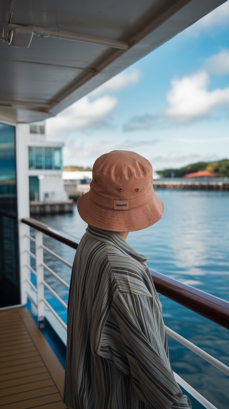 A person wearing a bucket hat and striped shirt, standing on a cruise ship deck, looking out at the water.