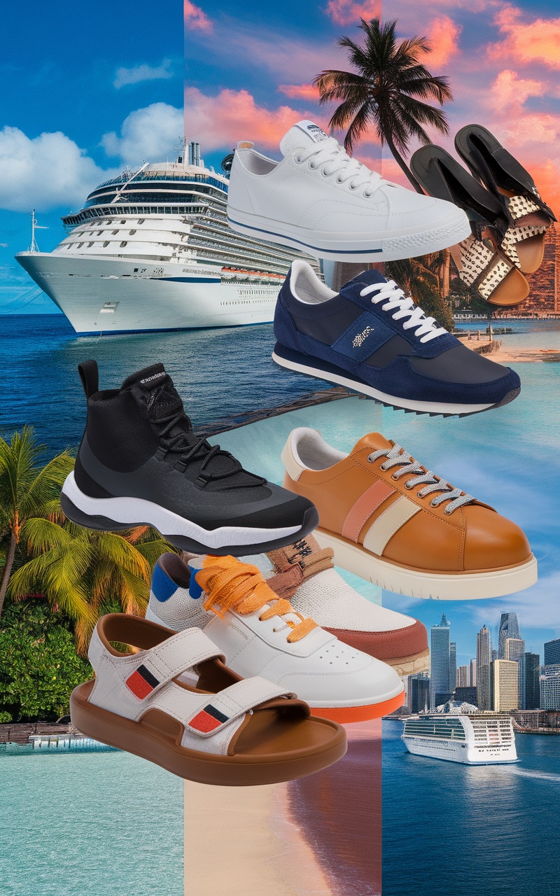 A variety of trendy footwear suitable for a cruise, including sneakers, sandals, and stylish shoes set against a tropical backdrop.