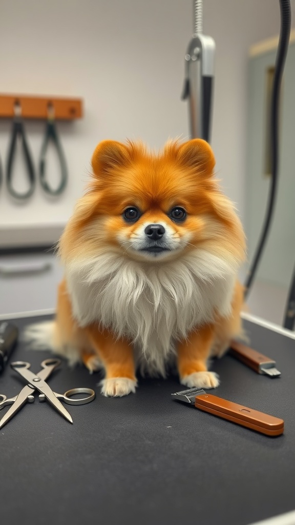 A fluffy Pomeranian on a grooming table surrounded by grooming tools