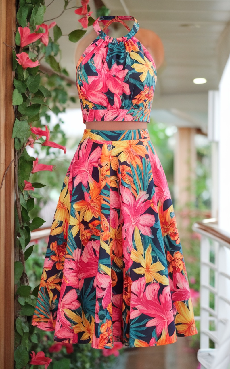 A vibrant tropical floral print outfit featuring a halter top and a flowy skirt.