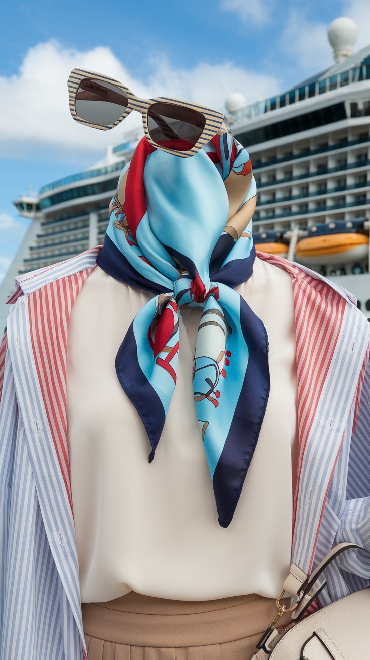 A stylish outfit featuring a colorful scarf and sunglasses, set against a cruise ship background.