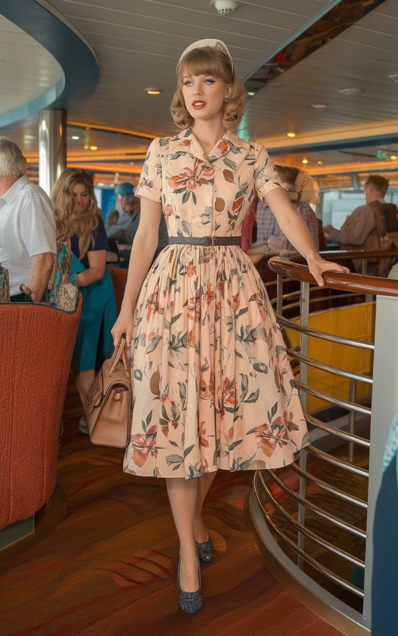 A woman in a vintage floral dress and hairstyle inspired by Taylor Swift, standing on a cruise ship.