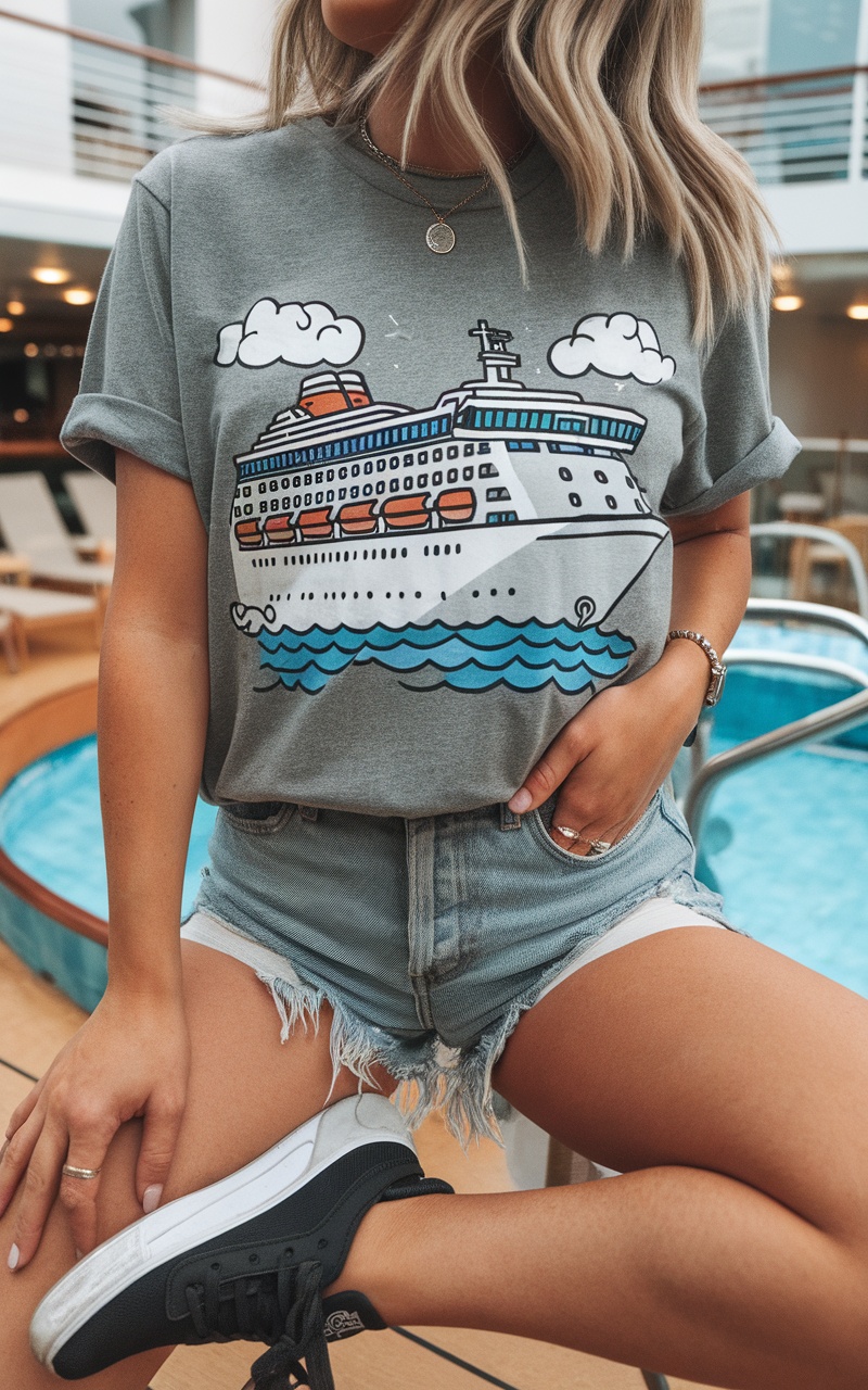 A woman wearing a gray graphic tee with a cruise ship design, paired with denim shorts, sits by the pool on a cruise ship.
