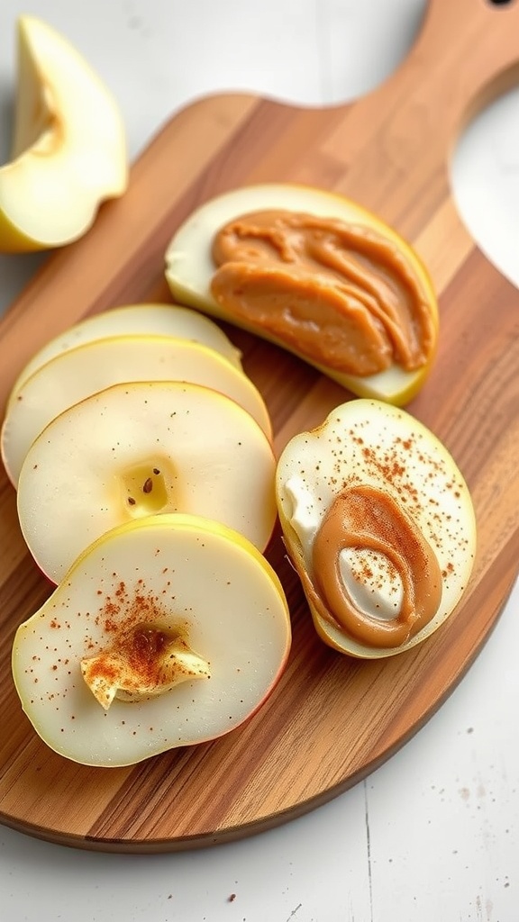 Sliced apples with almond butter on a wooden cutting board